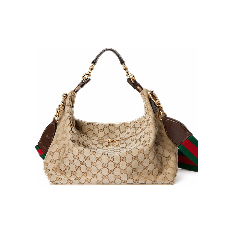 GUCCI Brera Medium Crossbody Bag Beige Canvas Leather Trim