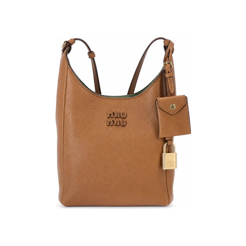 Miu Miu Embroidered Logo Mini Bucket Crossbody Bag Caramel 5BE099 2IFL F04YM