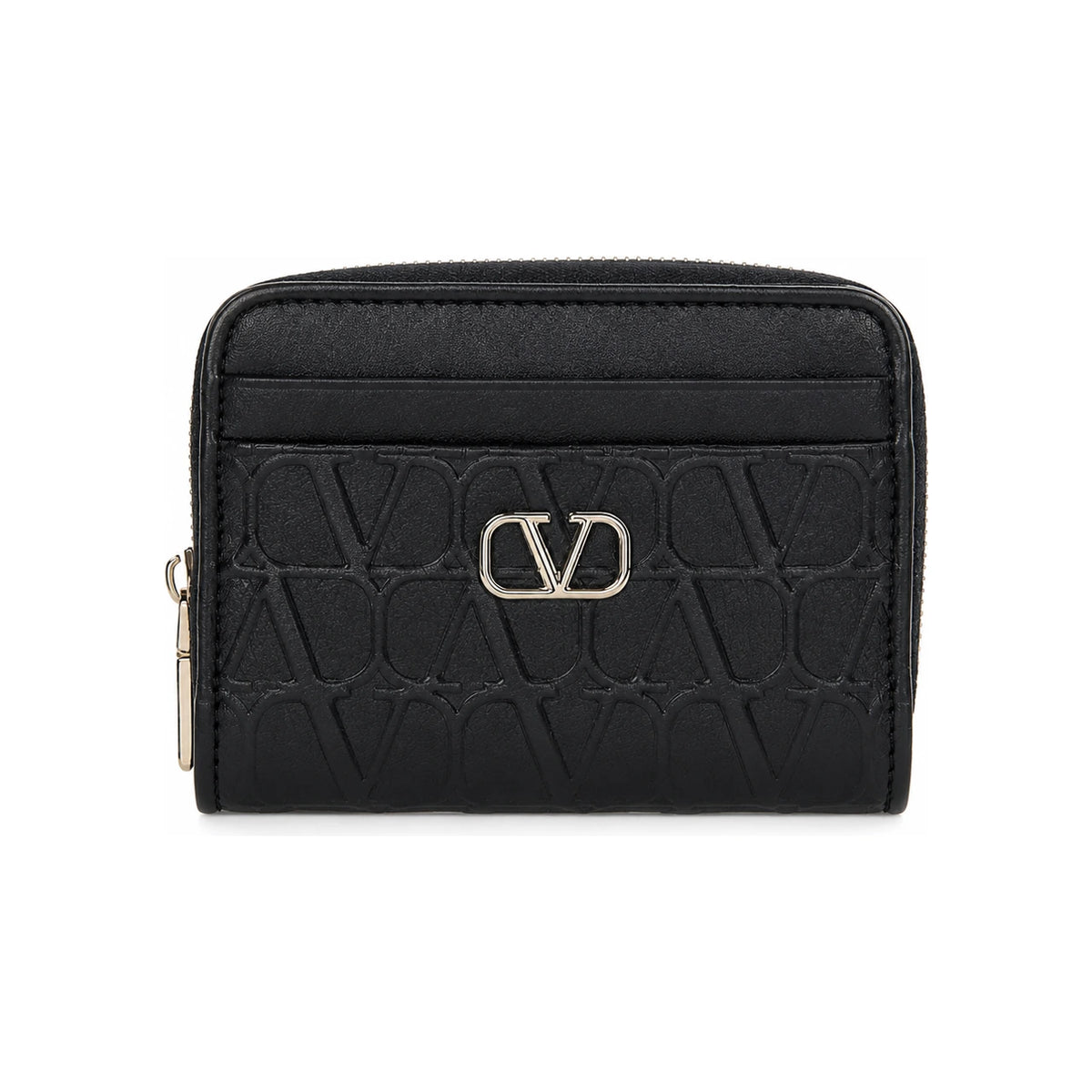 VALENTINO V Logo Signature Leather Compact Wallet Black