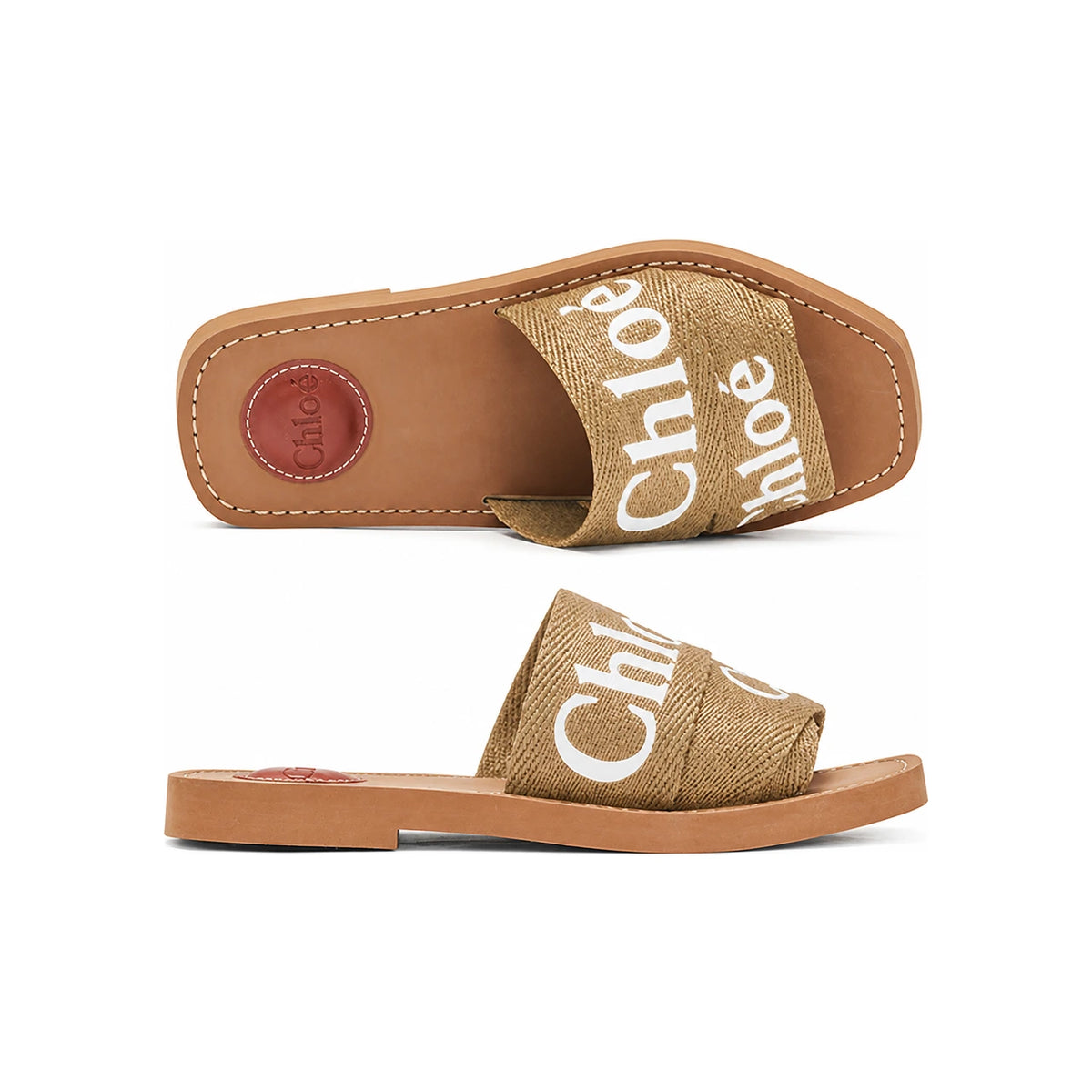 Chloe Woody Logo Flat Slide Sandals Women’s Brown Canvas