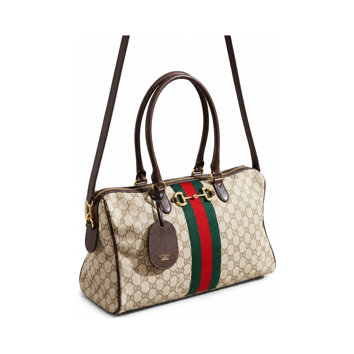 GUCCI Borsetto Large Boston Bag Tote Brown Leather Handbag
