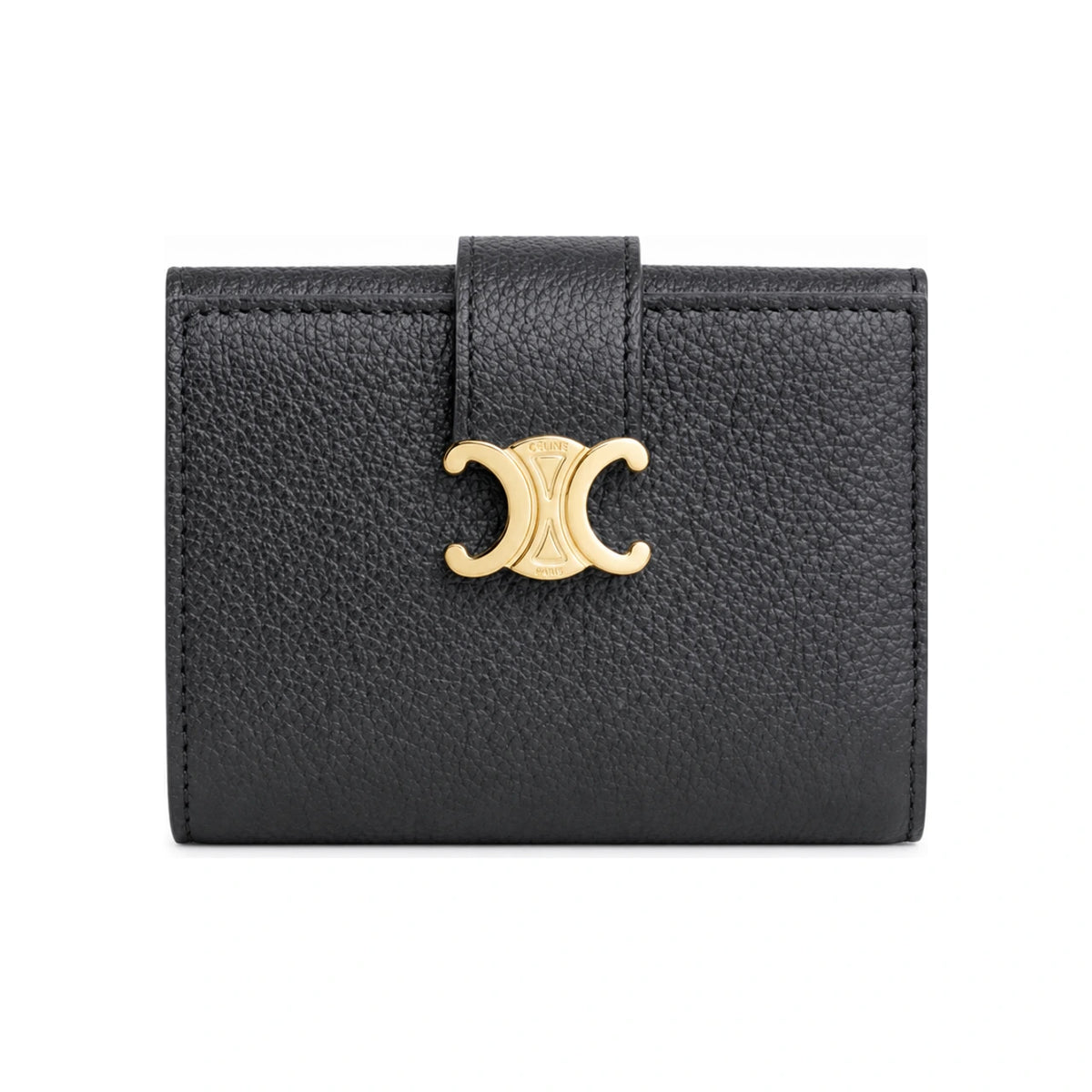 CELINE Triomphe Flap Card Holder Wallet Black Leather Women