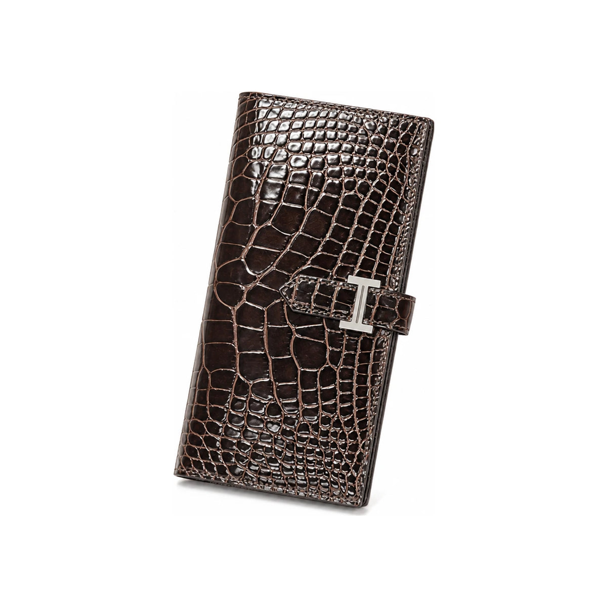 HERMES Deep Brown Shiny Alligator Long Wallet Silver Hardware