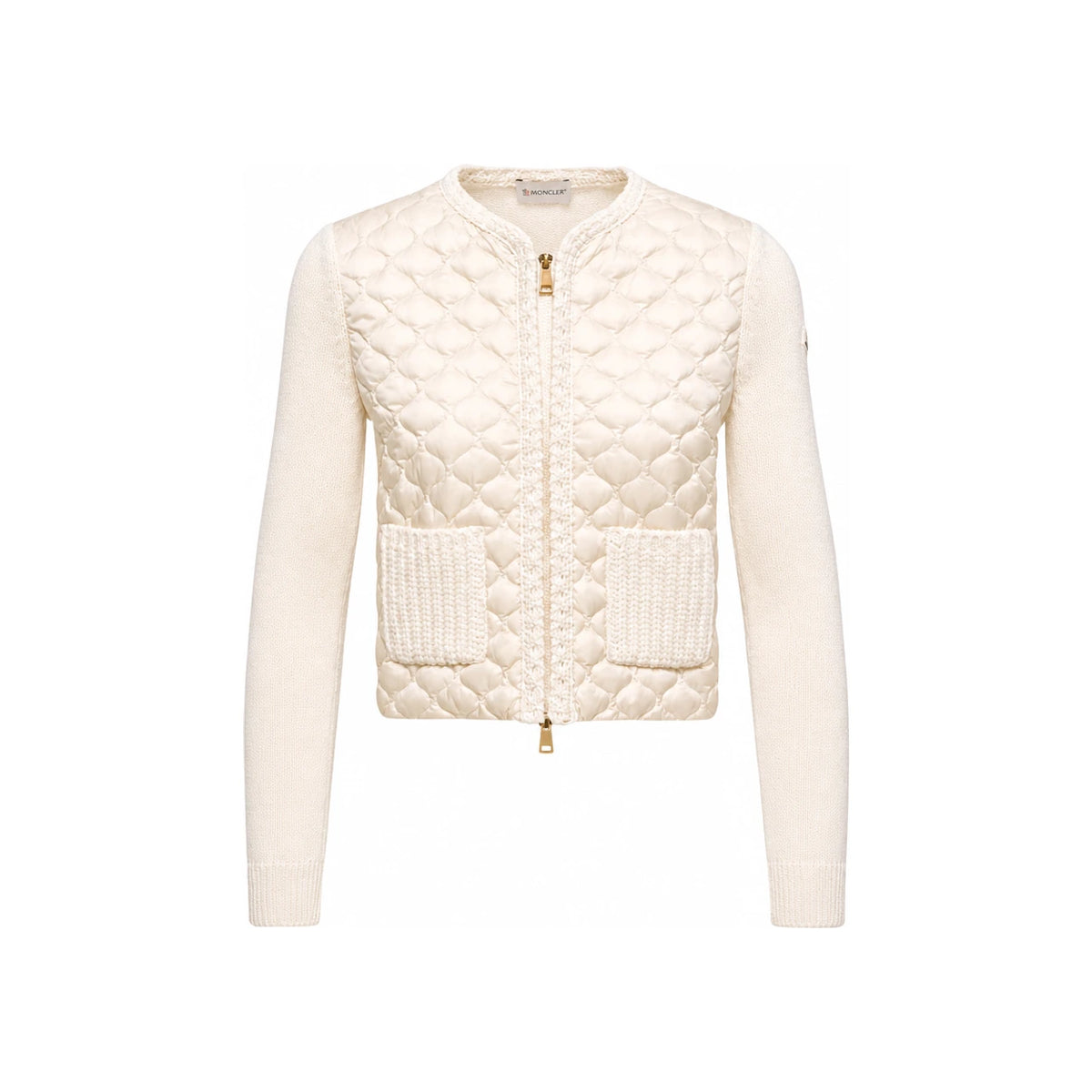 Moncler Women’s Logo Patch Down Mixed Knit Cardigan Ivory 9B00036 M5670 034