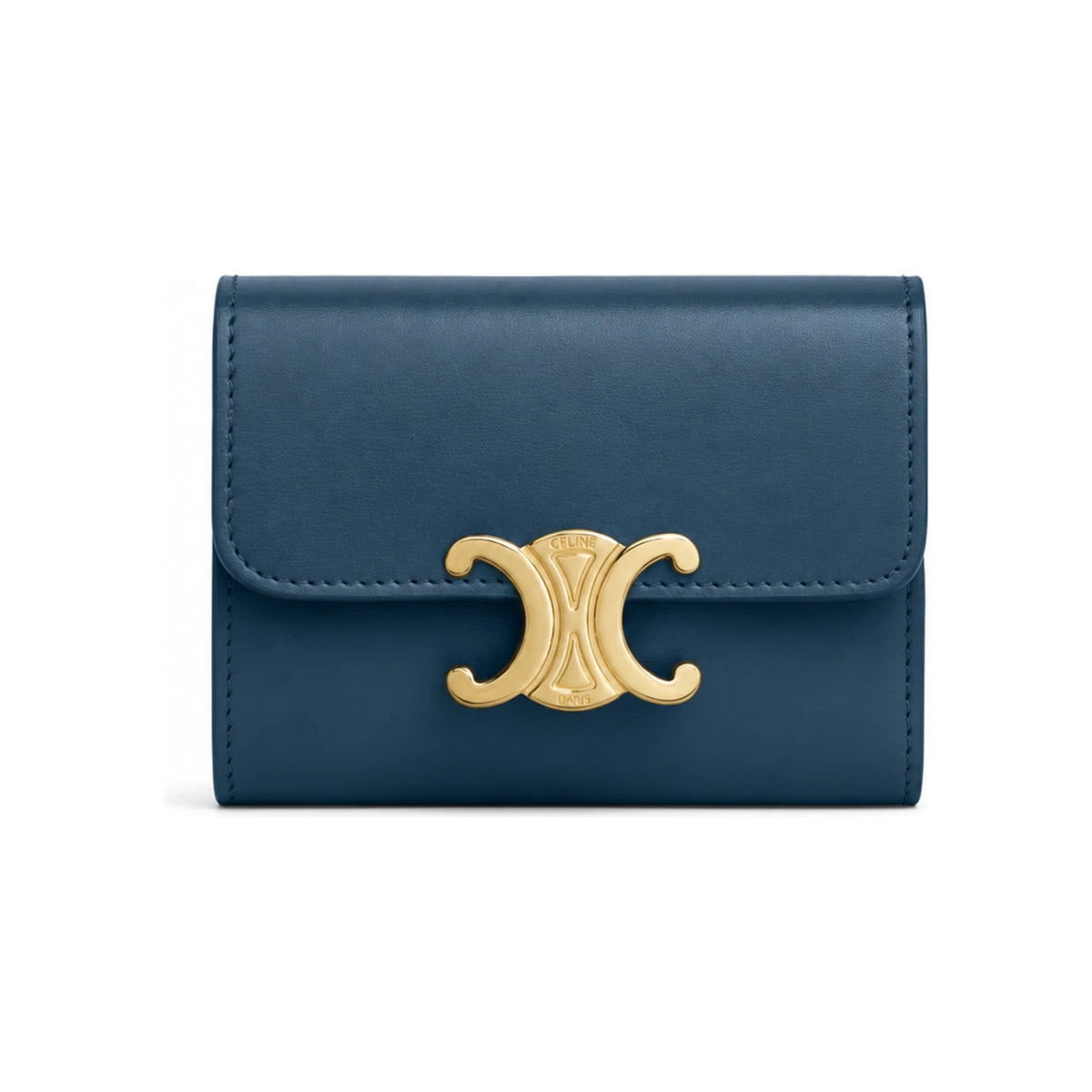 CELINE Triomphe Shiny Calfskin Compact Coin Card Wallet Teal Blue