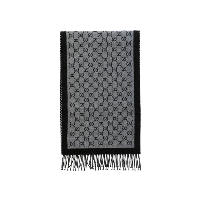 GUCCI GG Wool Jacquard Fringe Scarf Black Gray