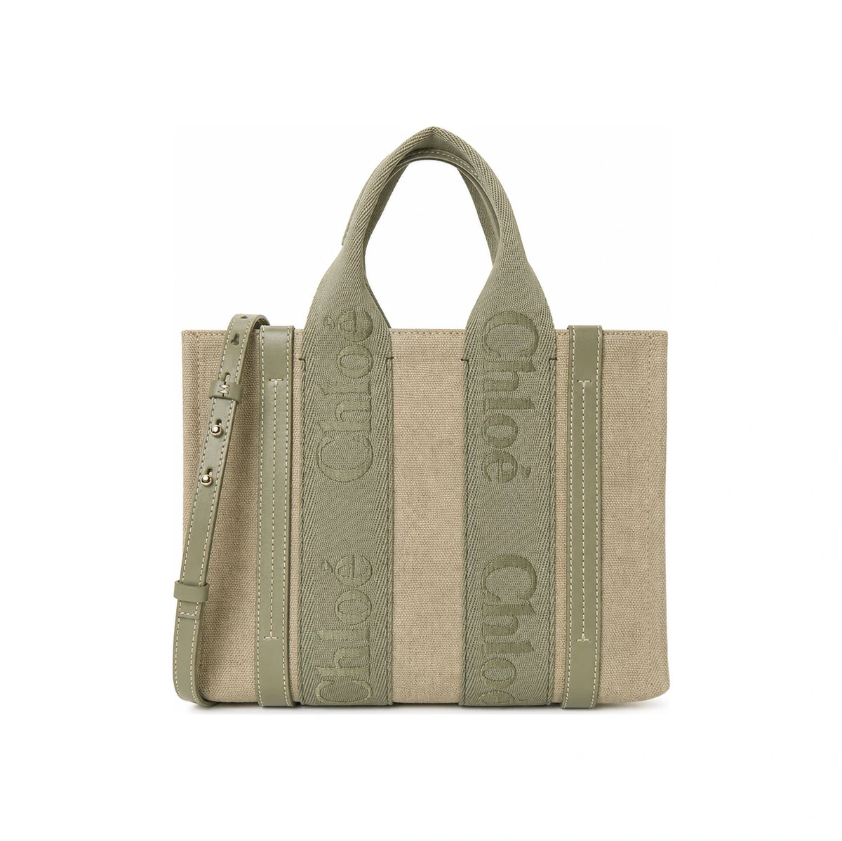 Chloe Woody Small Tote Bag Beige Canvas Leather Trim