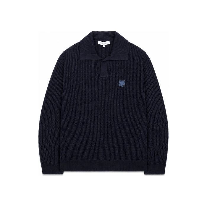 Maison Kitsune Fox Head Cotton Rib Polo Cardigan Jumper Navy
