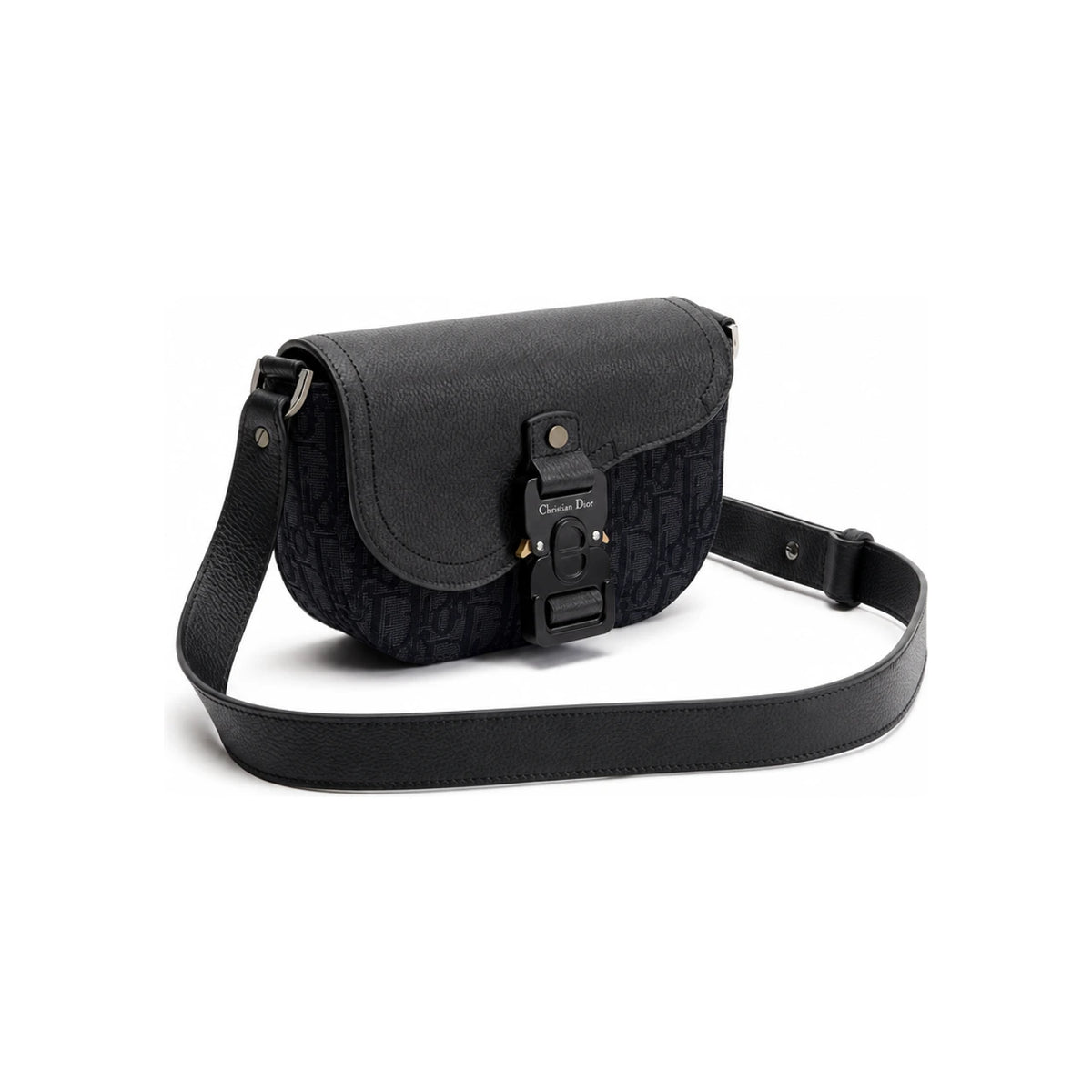 DIOR Black Oblique Jacquard Grain Calfskin Mini Flap Messenger Bag