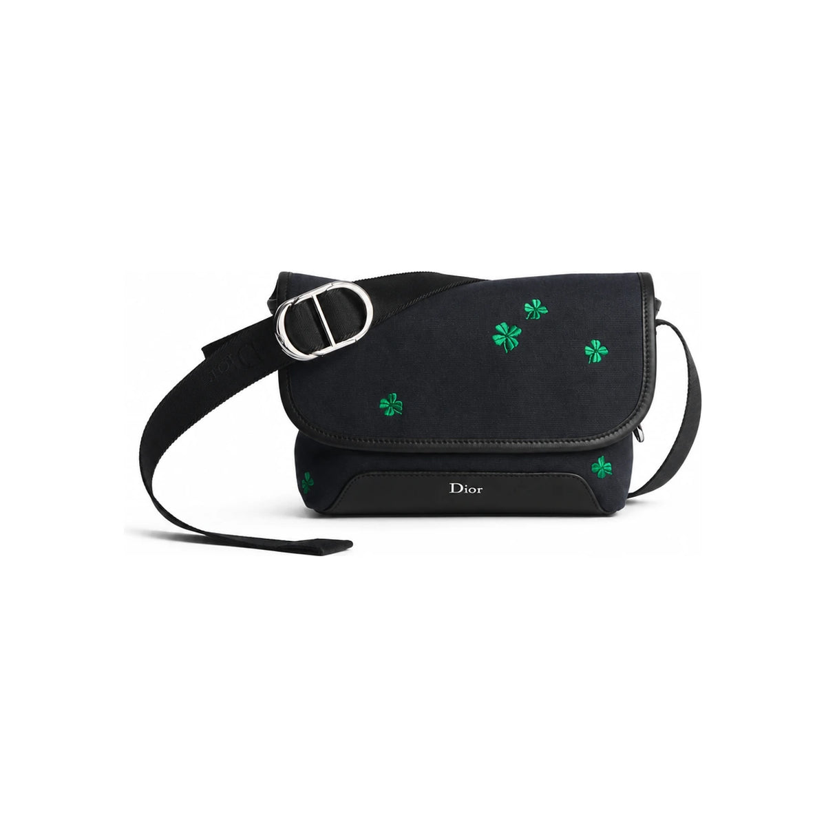 DIOR Black Canvas Clover Embroidered Zipped Strap Mini Card Holder