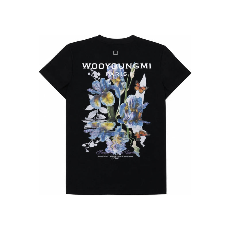 WOOYOUNGMI Black Flower Back Logo Round Neck Short Sleeve T-Shirt