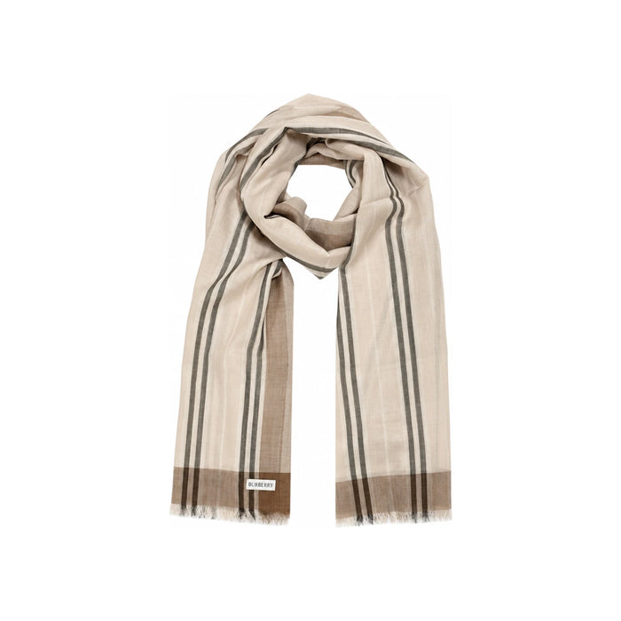 BURBERRY Wool Silk Scarf Striped Light Taupe 81113241