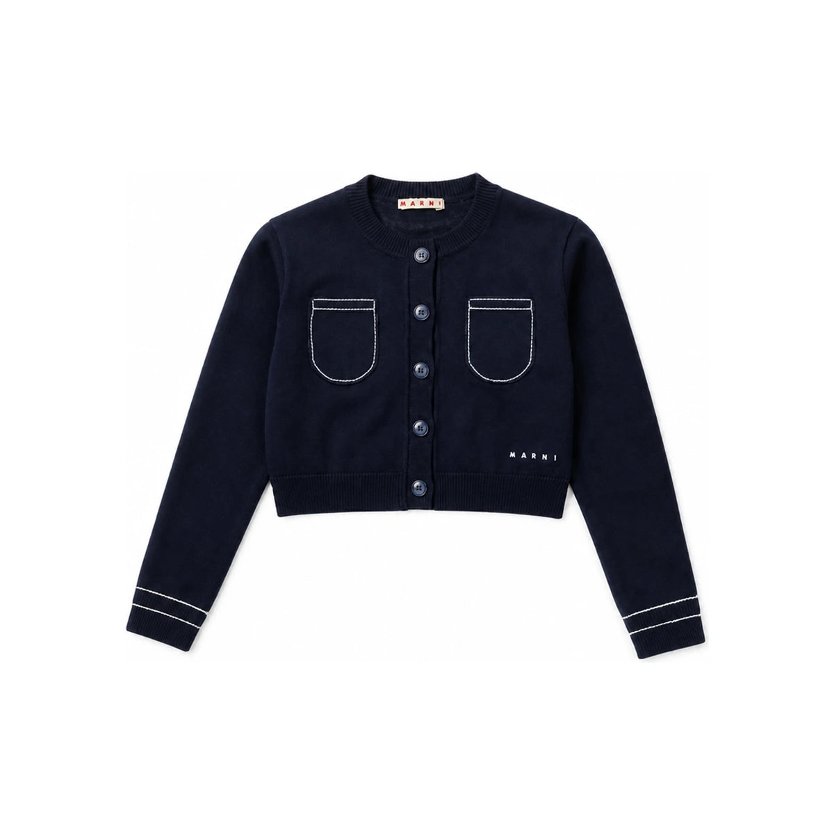 Marni Kids Women Logo Embroidered Pocket Stitch Cardigan Navy M01735 M00X8 0M860
