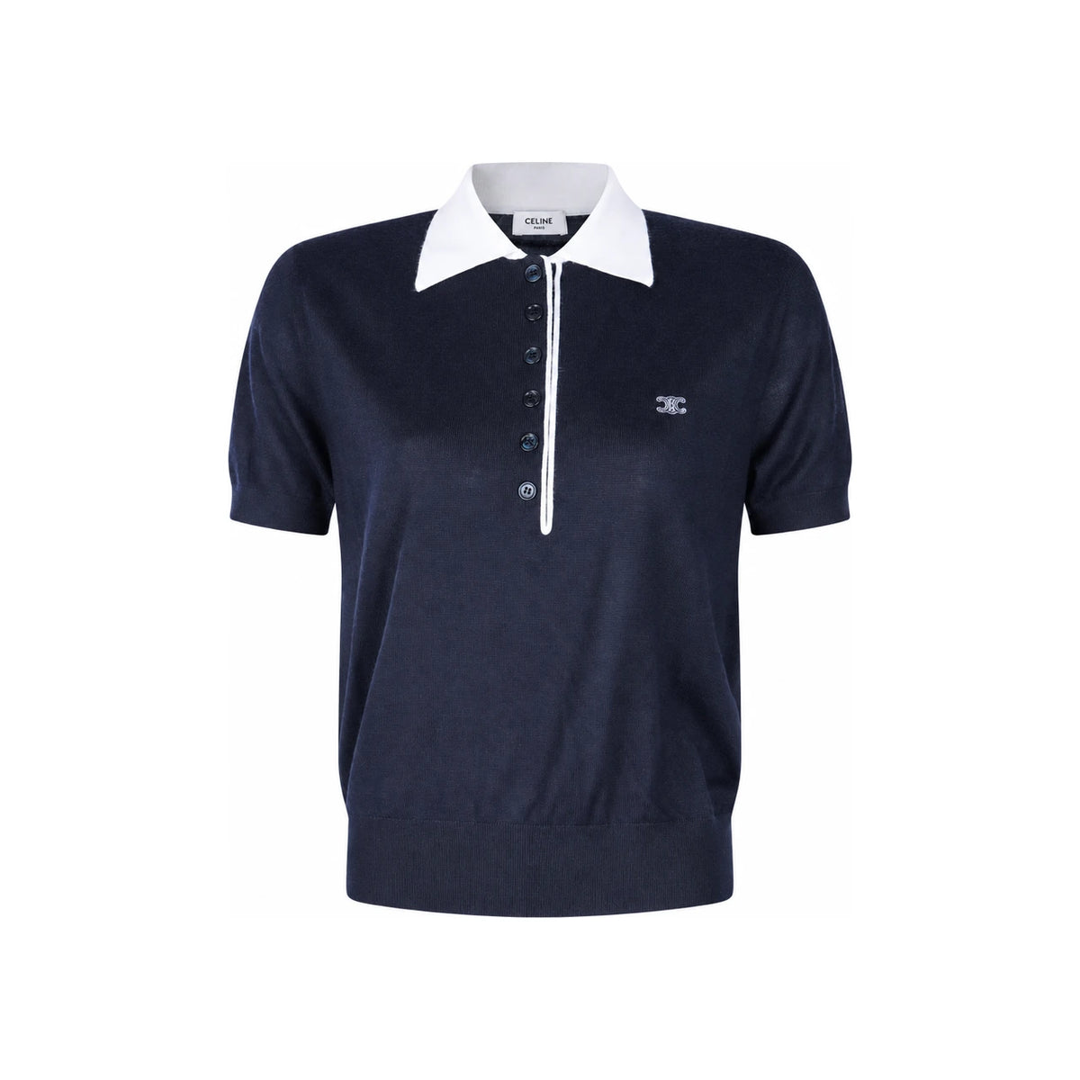 CELINE Navy/White Fine Cashmere Silk Polo Sweater Long Sleeve RY0LZ0W27 07NJ