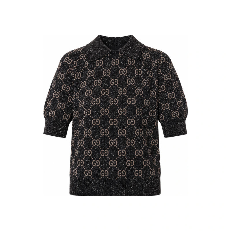 GUCCI Lame Knit Polo Shirt Women Short Sleeve Black 678435 XKB54