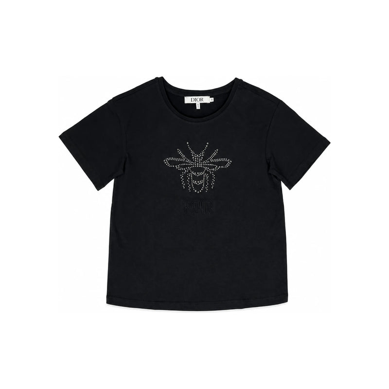 DIOR Kids Women Rhinestone Logo T-Shirt Black