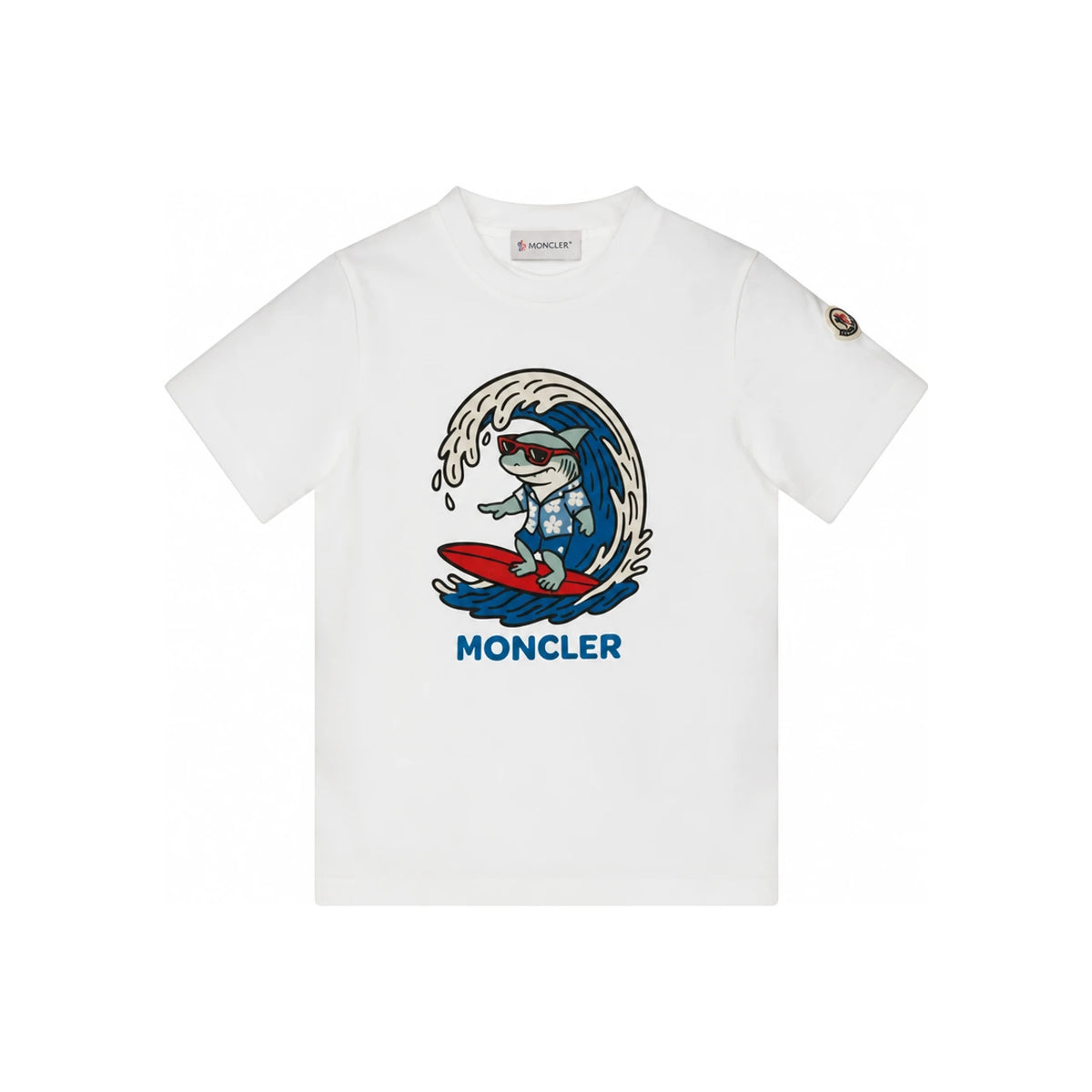 Moncler Womens Logo Patch Surfing Shark Print Short Sleeve T-Shirt White