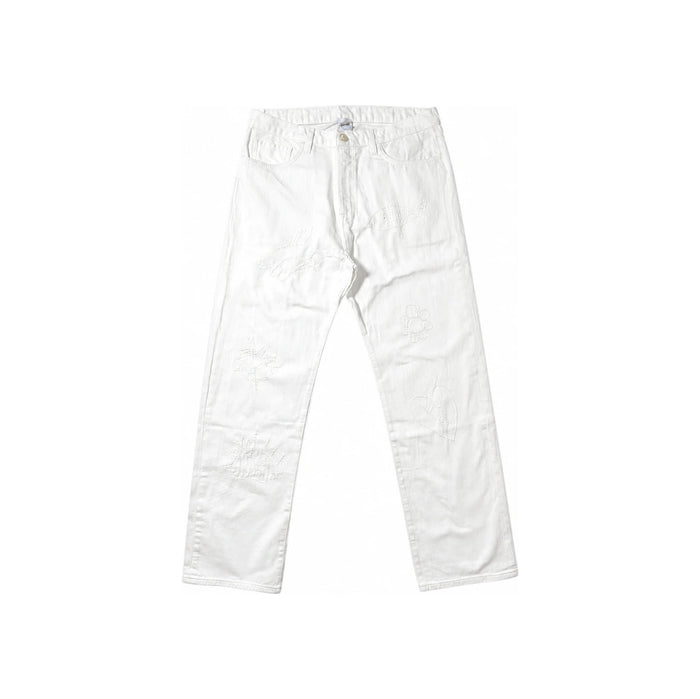 Wild Donkey Scribbles Embroidered Classic White Denim Jeans Unisex