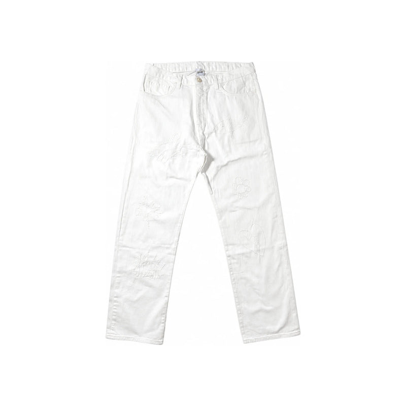 Wild Donkey Scribbles Embroidered Classic White Denim Jeans Unisex