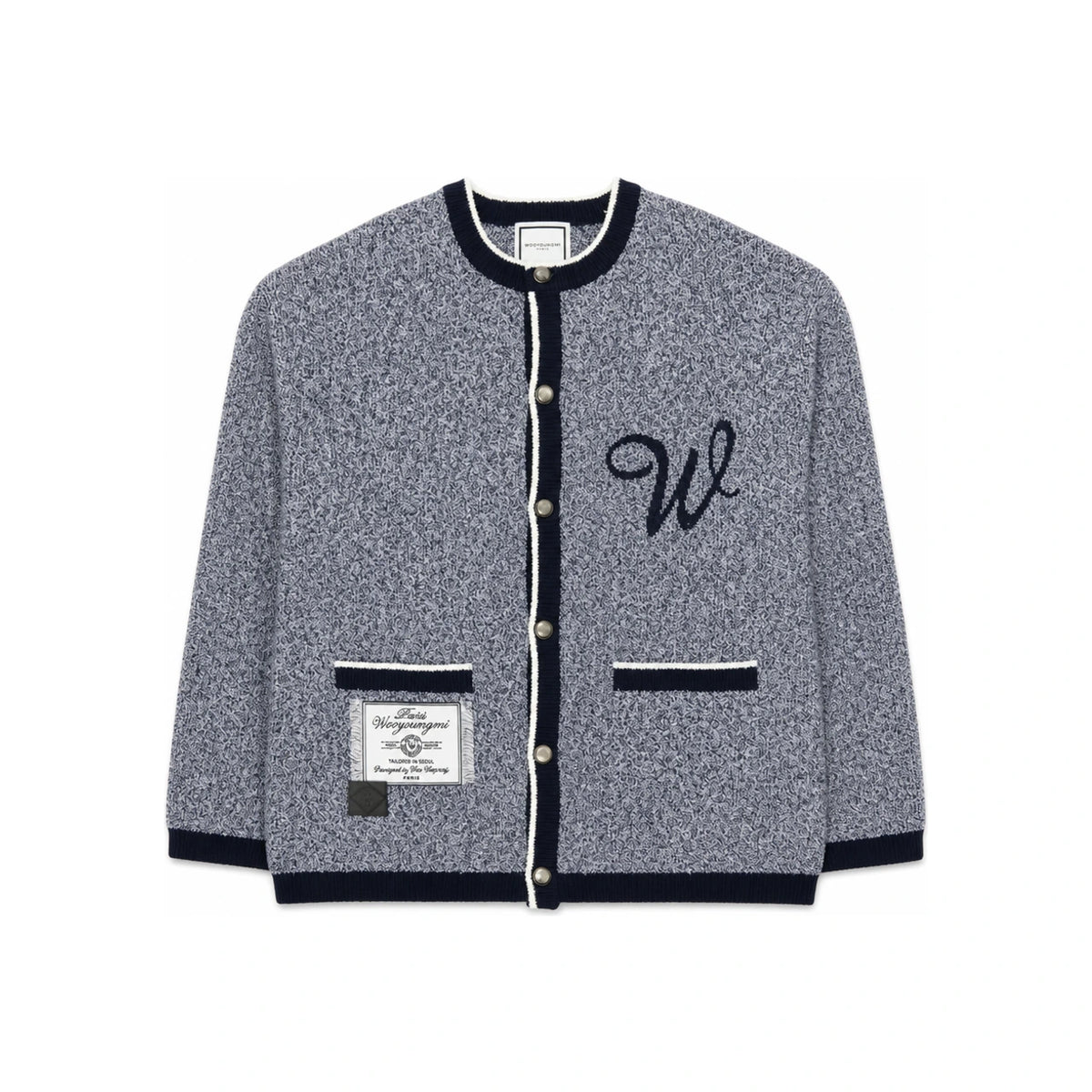 WOOYOUNGMI Round Neck Logo Cardigan Men’s Knit Navy