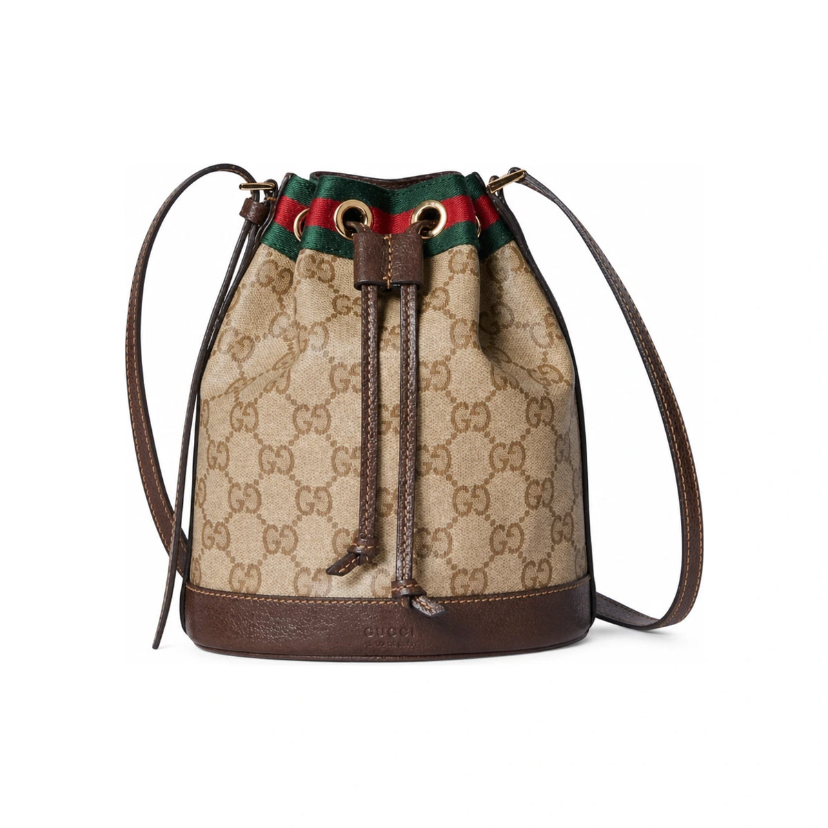 GUCCI Web Mini Bucket Bag Beige Leather Shoulder Bag
