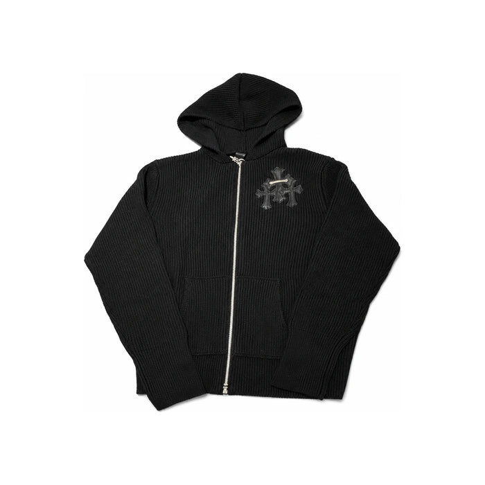Chrome Hearts Cemetery Patch Black Knit Hooded Zip-Up Sweater