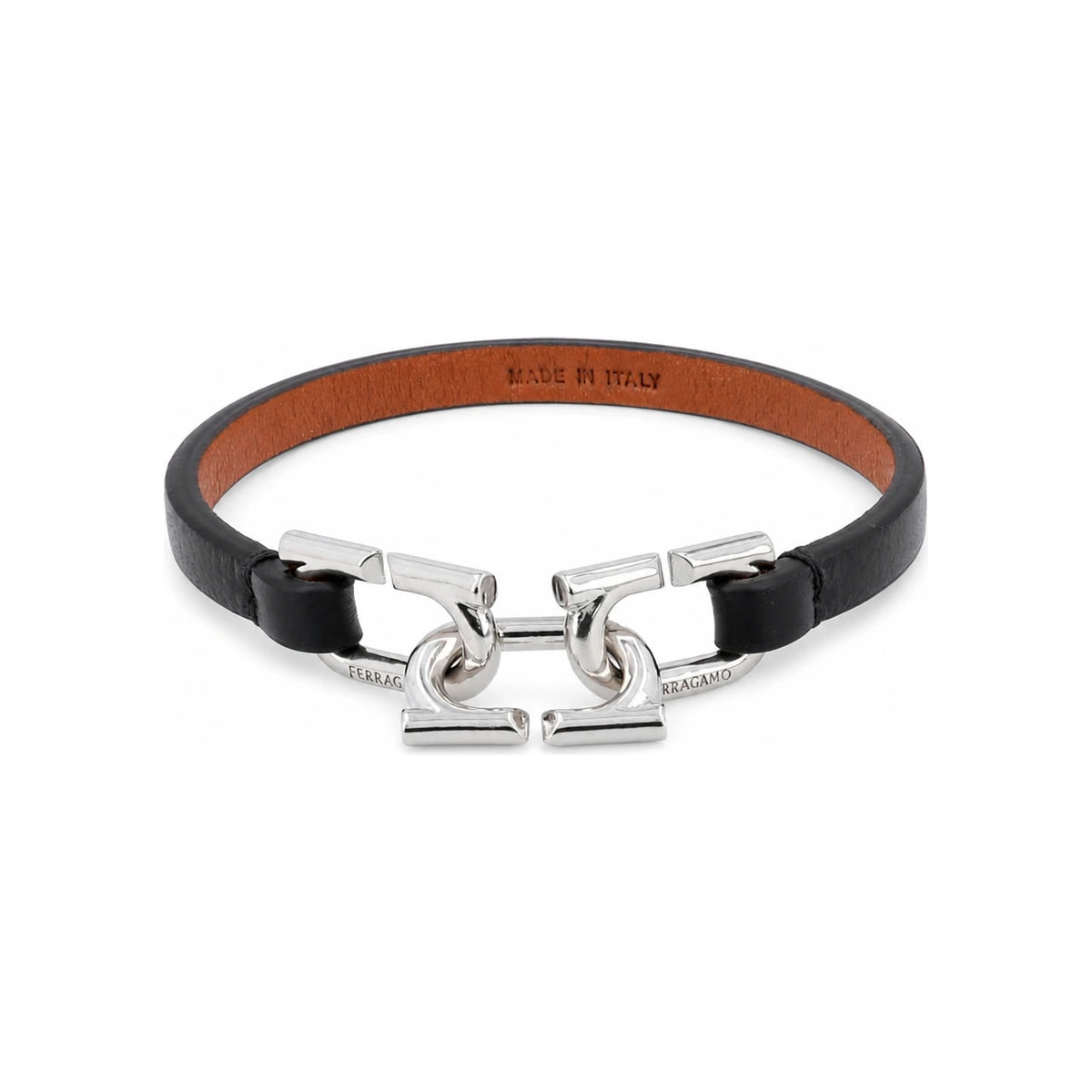Ferragamo Black Leather Stainless Steel Men’s Bracelet