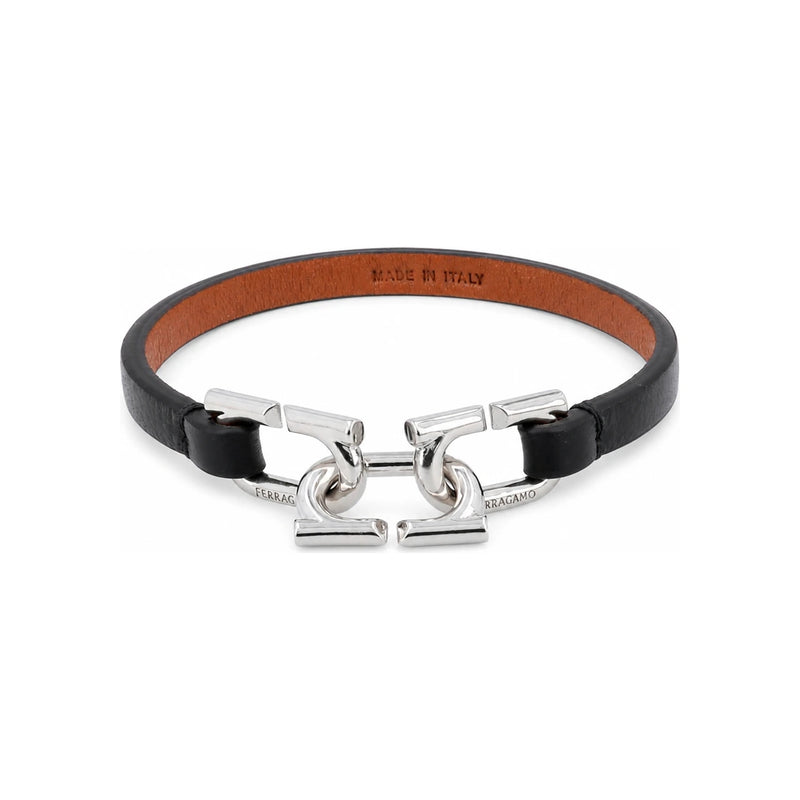 Ferragamo Black Leather Stainless Steel Men’s Bracelet