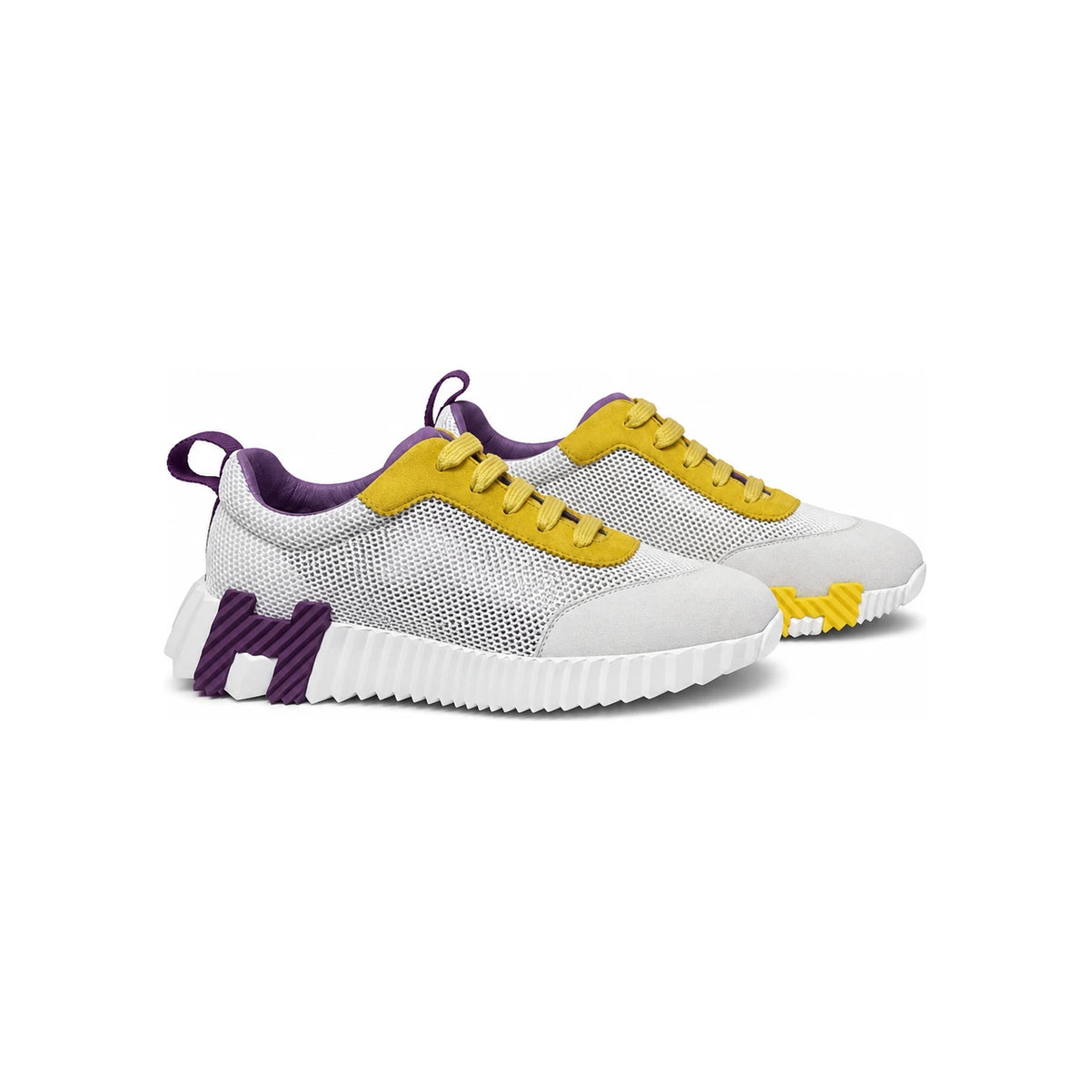 HERMES Bouncing White Mesh H Yellow Purple Two-Tone Low-Top Sneakers