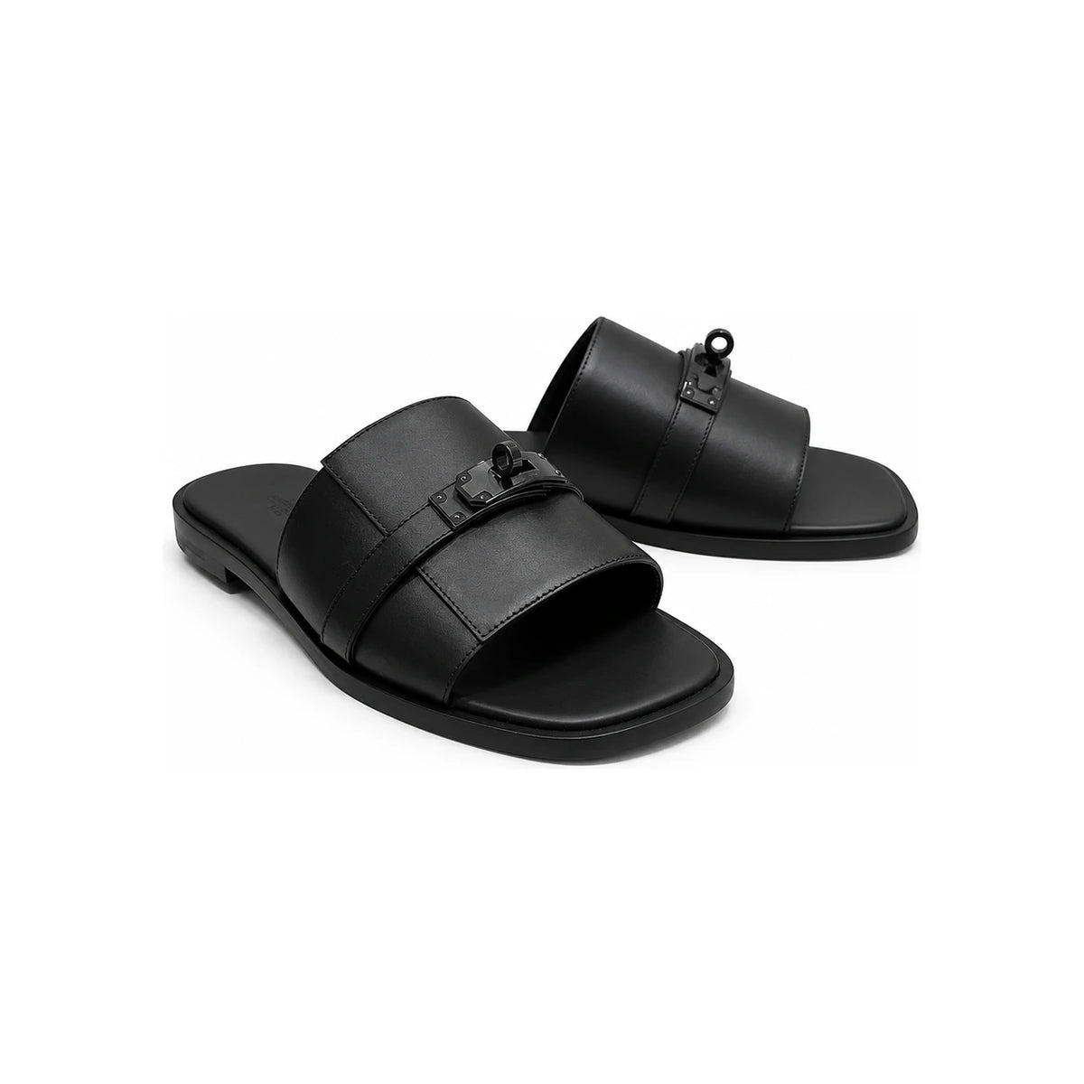HERMES Men’s Gabriel Sandals Calfskin Kelly Buckle Black