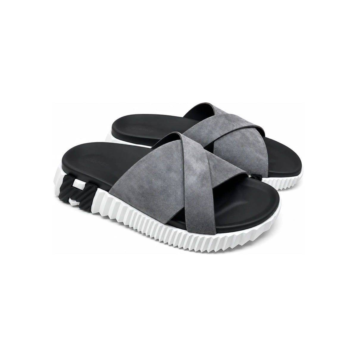 HERMES Men’s Infra Sandals Suede Calfskin Gray H Black Slippers