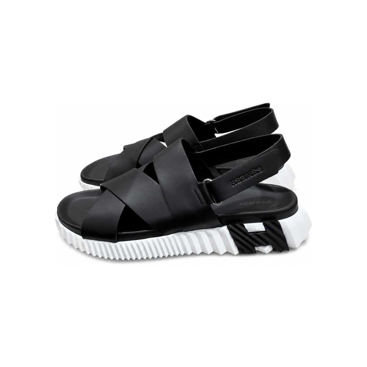 HERMES Black White Calfskin Electric H Logo Slide Sandals Men