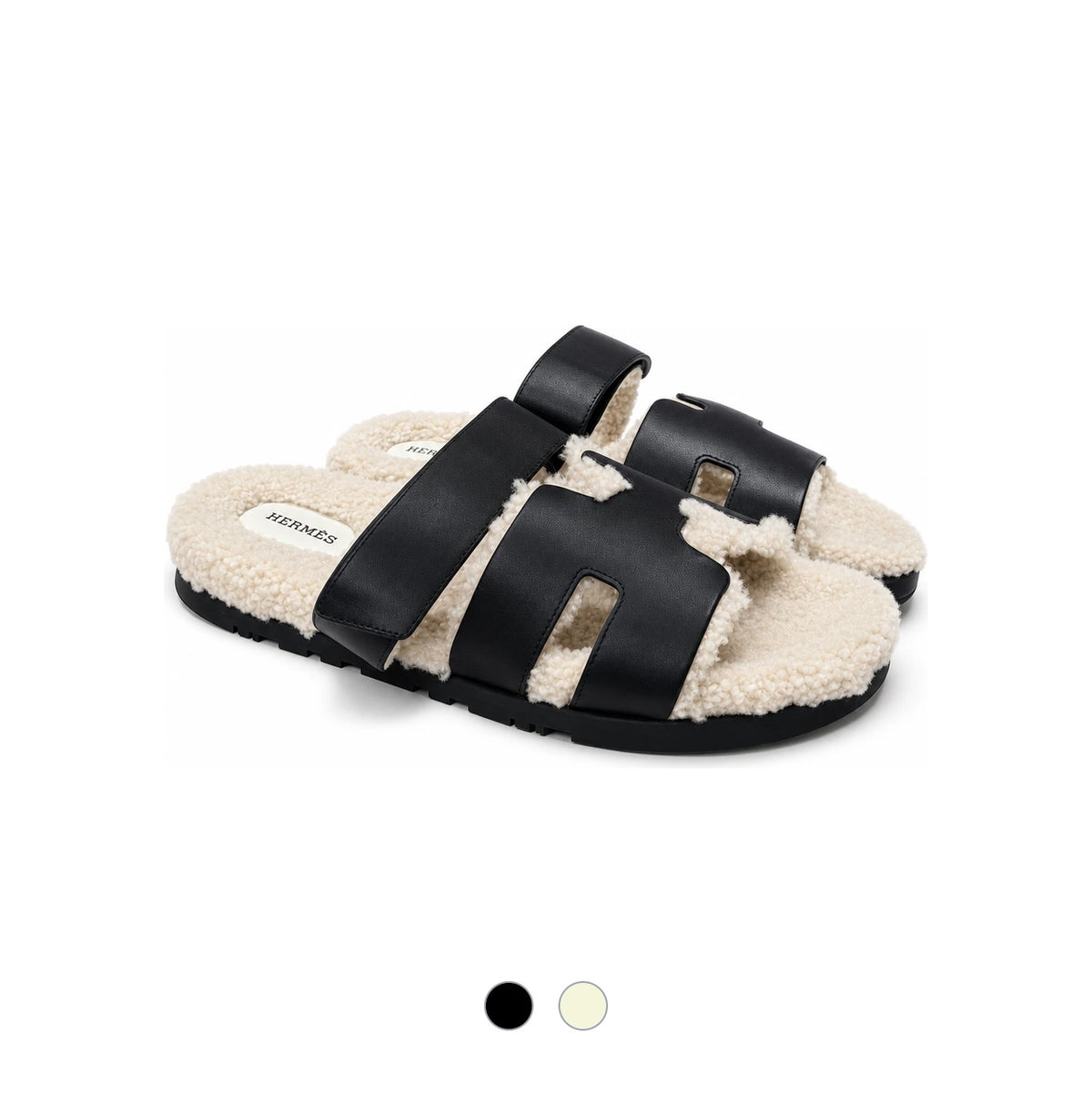 HERMES Shearling Chypre Sandals Suede Goatskin Black Ivory