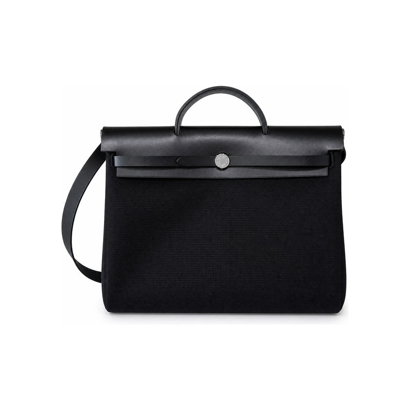 HERMES Black Canvas Shoulder Tote Messenger Bag Silver Hardware