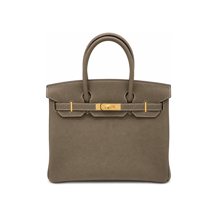 HERMES Etoupe Leather Birkin 30 Tote Bag with Gold Hardware