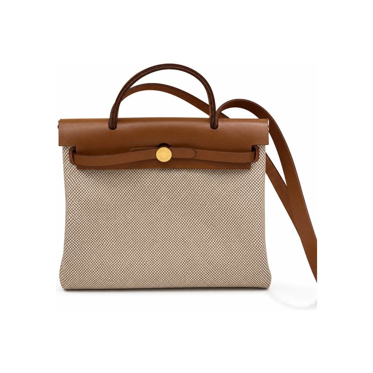 HERMES Herbag 31 Beige Canvas Hunter Leather Shoulder Bag Gold-Tone
