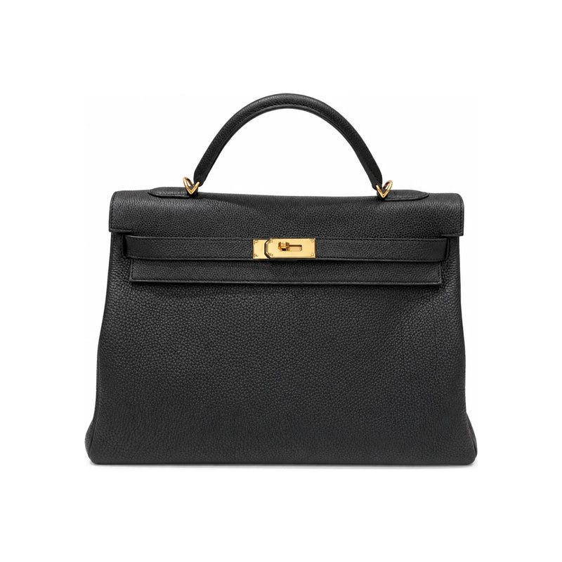 HERMES Kelly Black Leather Tote Bag with Gold Hardware