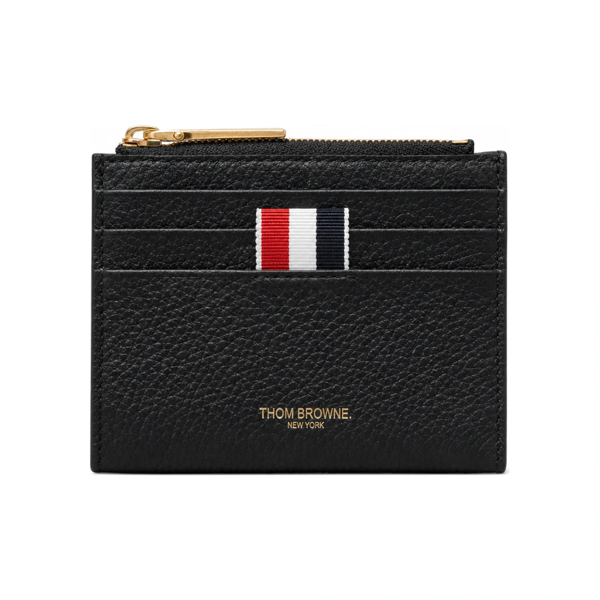 THOM BROWNE Black Pebbled Leather Card Holder Wallet