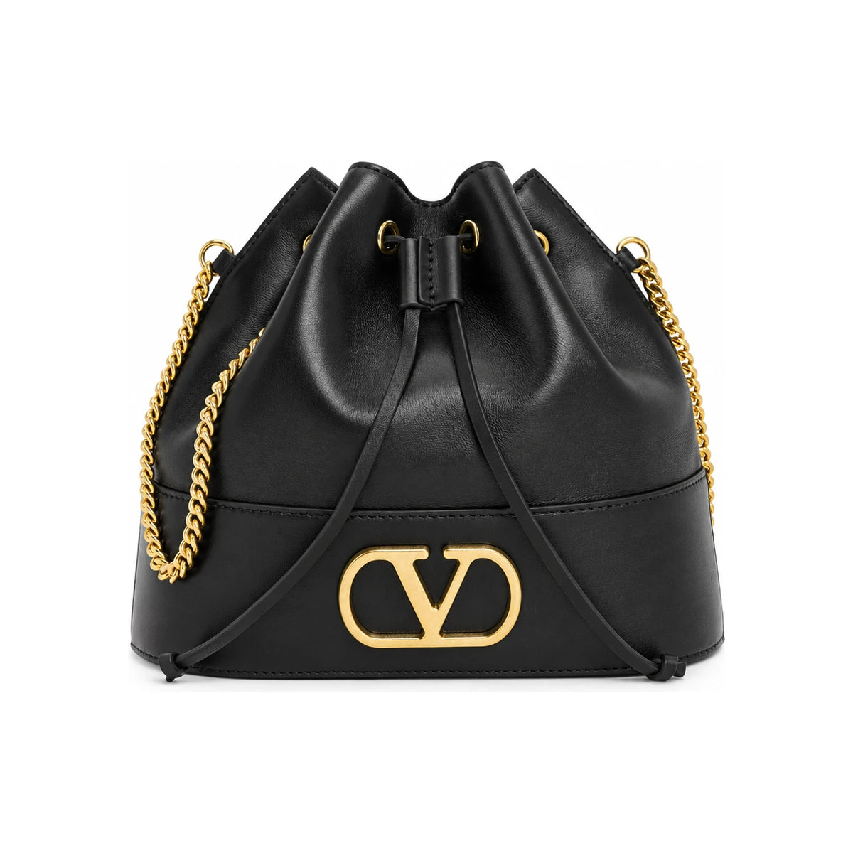 VALENTINO Black Leather Drawstring Chain Bucket Shoulder Bag Women