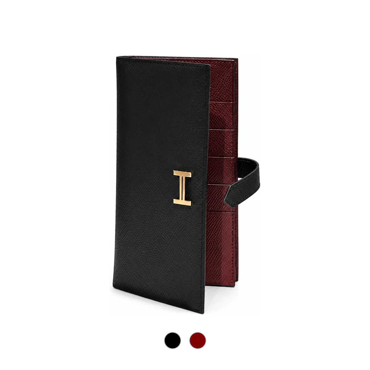HERMES Epsom Leather Bearn Long Wallet Black Burgundy Two-Tone Gold HW