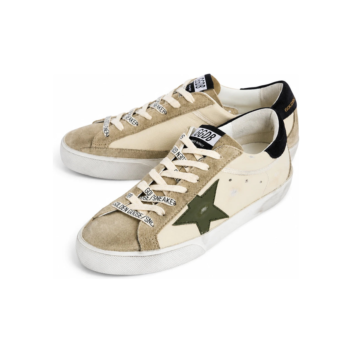 GOLDEN GOOSE cream grey olive green leather low-top sneakers for men