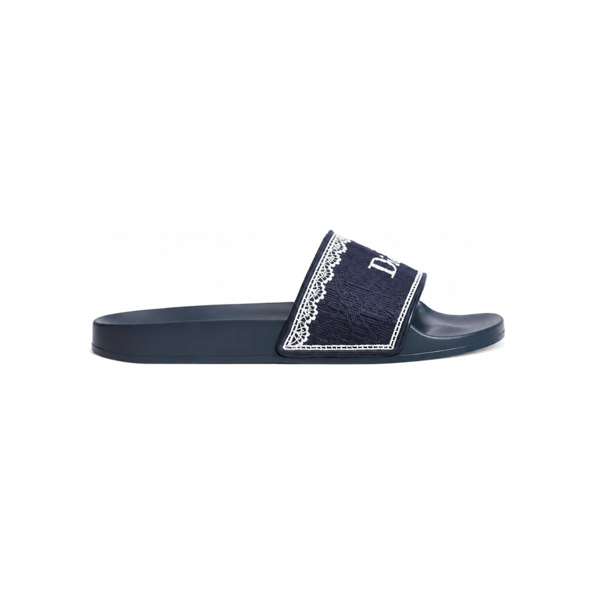 DIOR Navy Blue Slide Pumps White Lace Cotton Dior Oblique Embroid KCO671DET S32N
