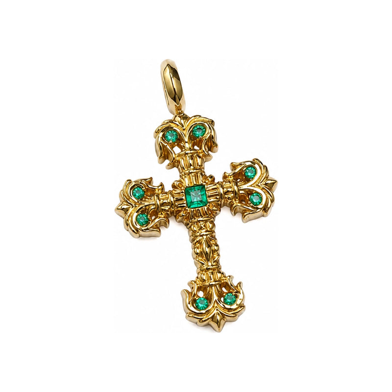 Chrome Hearts 22K Gold Filigree Emerald Pendant Charm Necklace
