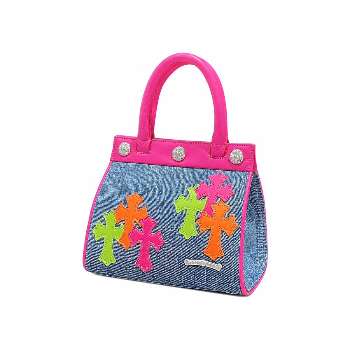 Chrome Hearts Denim Drew Mini Tote Handbag with Multicolor Cross Patches