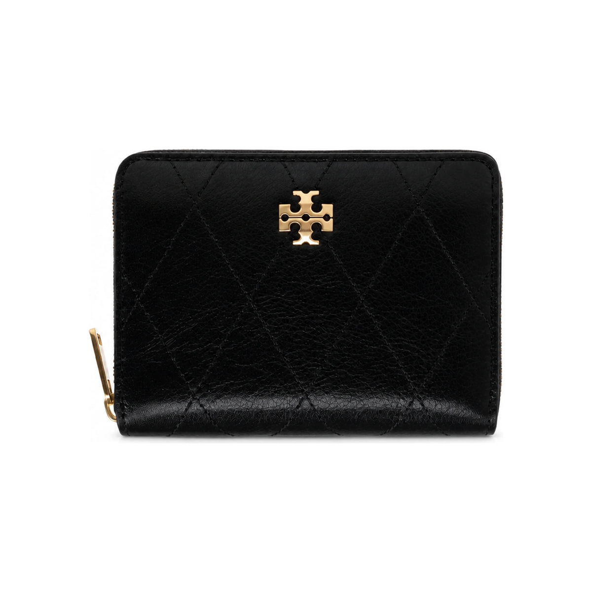 Tory Burch Charlie Quilted Zip Card Wallet Black Leather