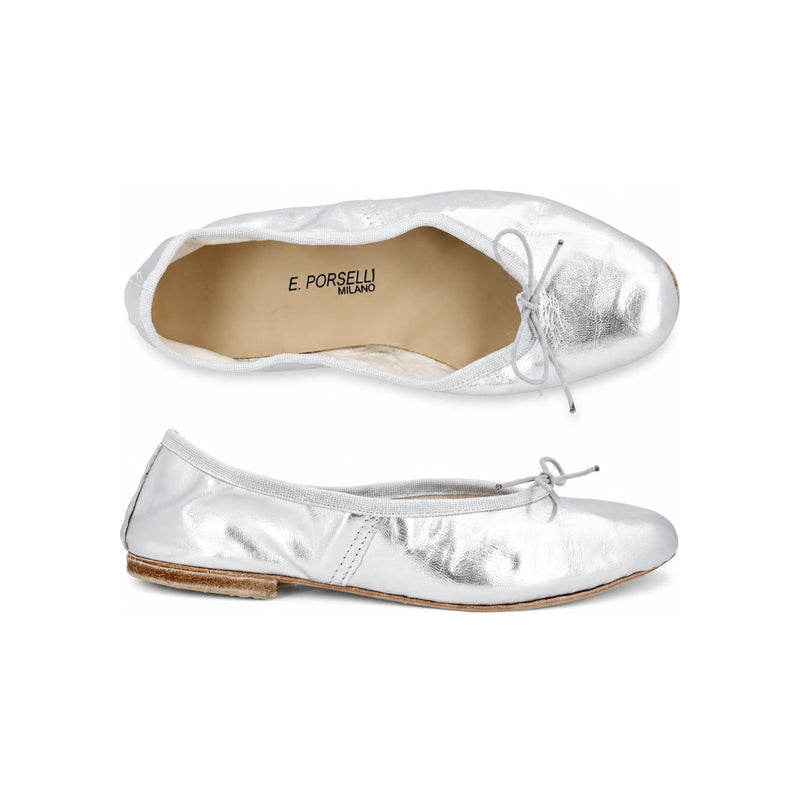 E.PORSELLI Silver Leather Ballet Flat Shoes for Women