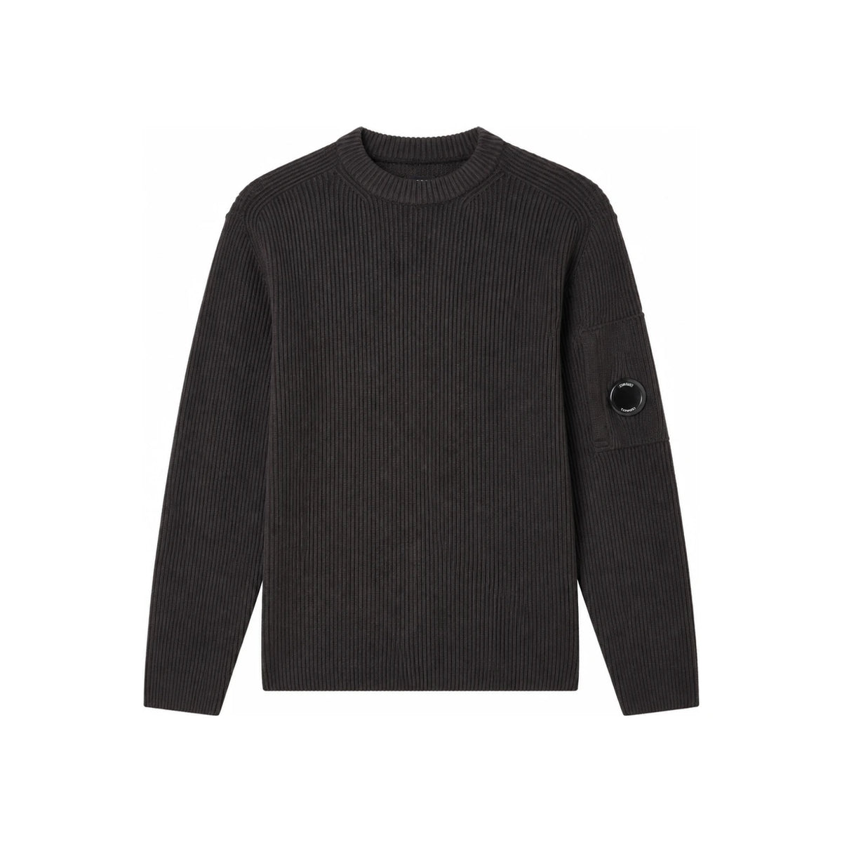 CP Company Ribbed Knit Lens Sleeve Crew Neck Sweater Black