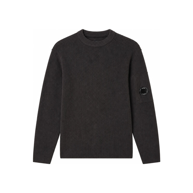 CP Company Ribbed Knit Lens Sleeve Crew Neck Sweater Black