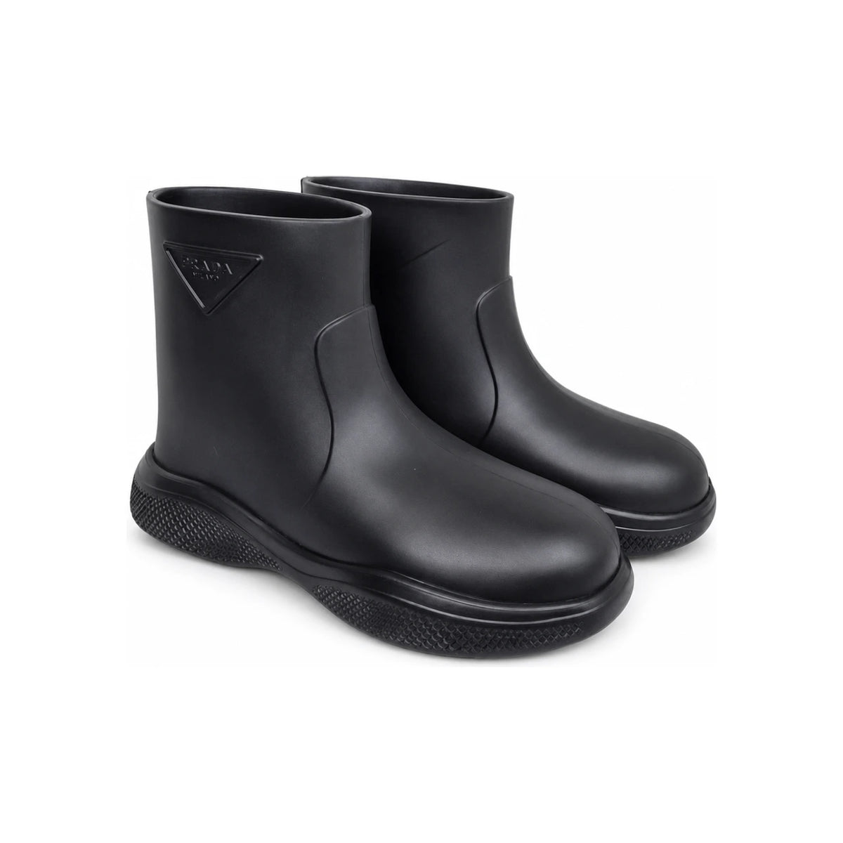 PRADA Black Rubber Ankle Rain Boots with Triangle Logo