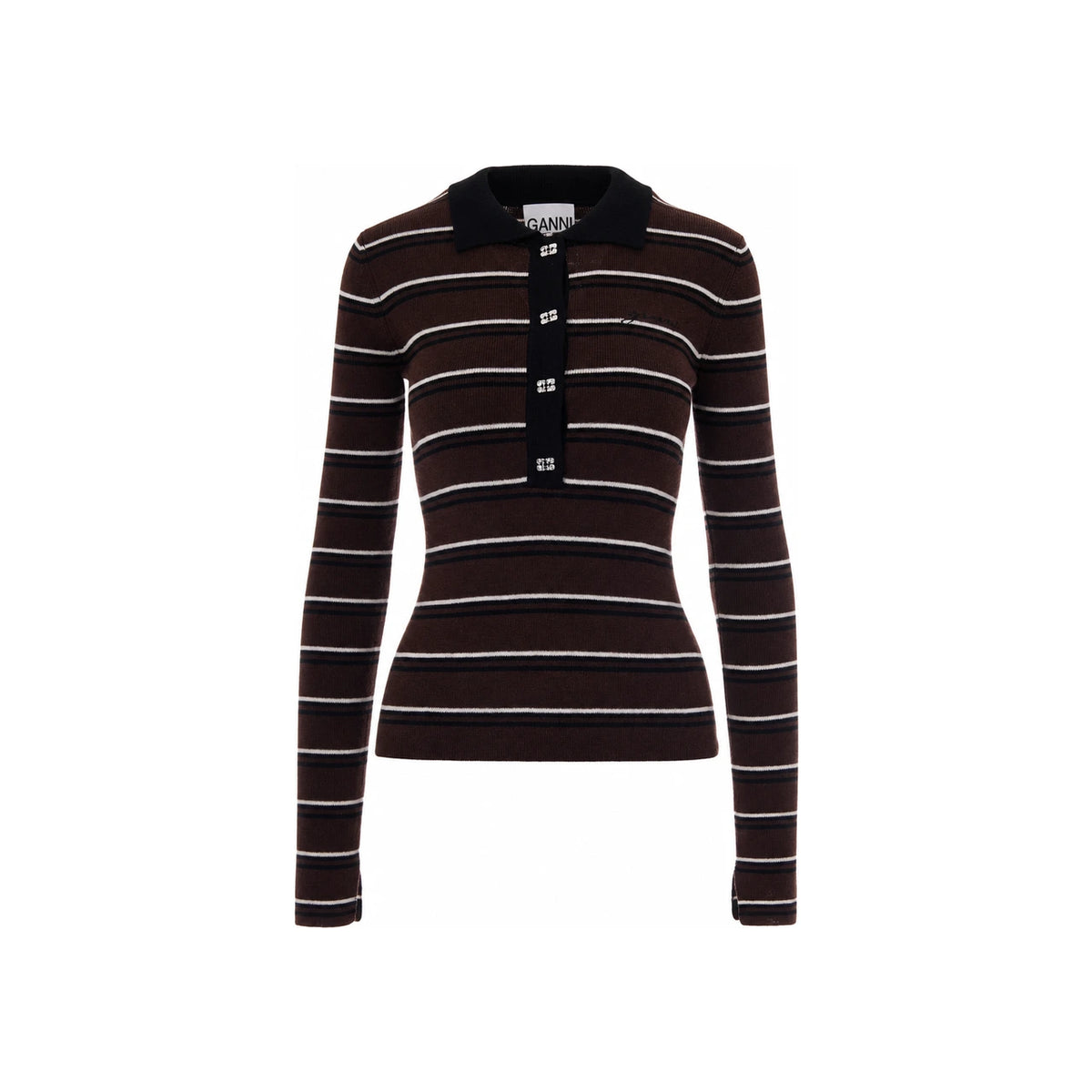 GANNI Merino Wool Striped Polo Sweater